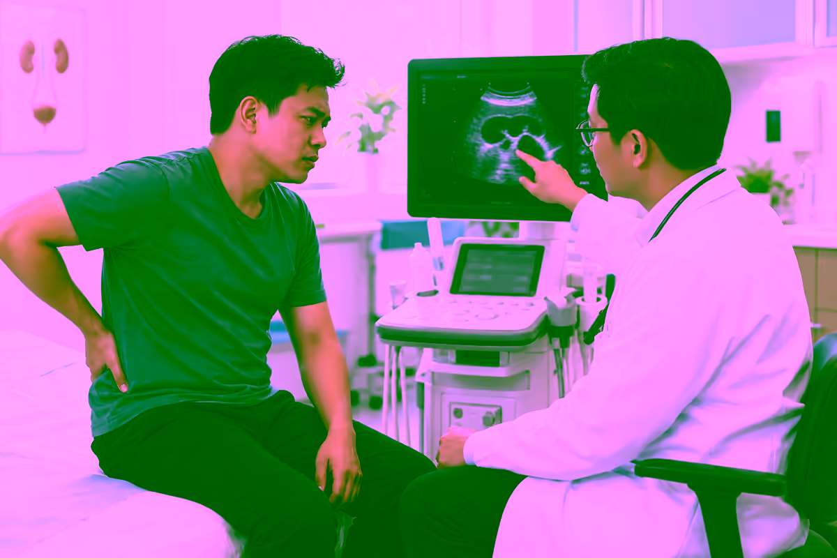 Người bệnh đau hông lưng được bác sĩ xem siêu âm thận tắc nghẽn