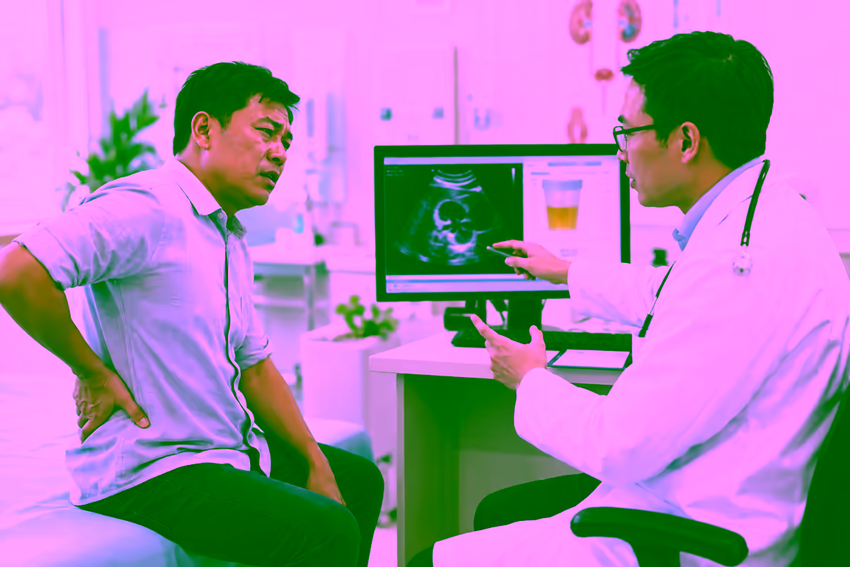 Người bệnh đau hông lưng được bác sĩ xem siêu âm thận và xét nghiệm