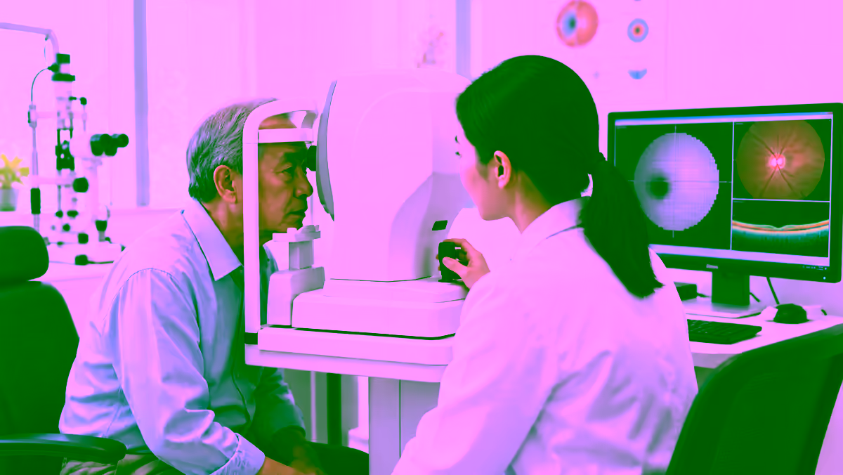 Bác sĩ nhãn khoa kiểm tra mắt cho người bệnh có nhìn mờ và thu hẹp thị trường