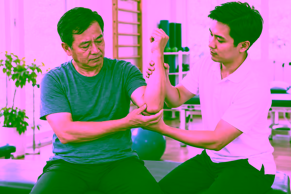 Thoái hóa khớp khuỷu tay gây đau được chuyên viên phục hồi kiểm tra