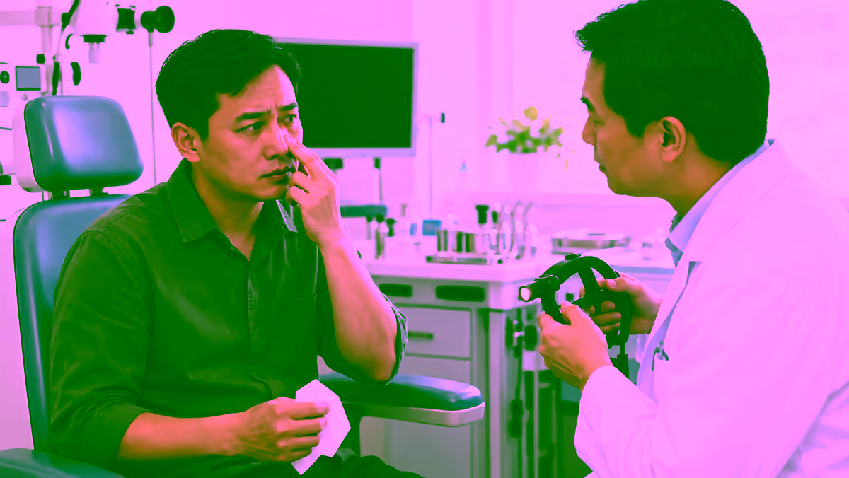 Bác sĩ khám mũi cho người bệnh có triệu chứng nghẹt mũi kéo dài