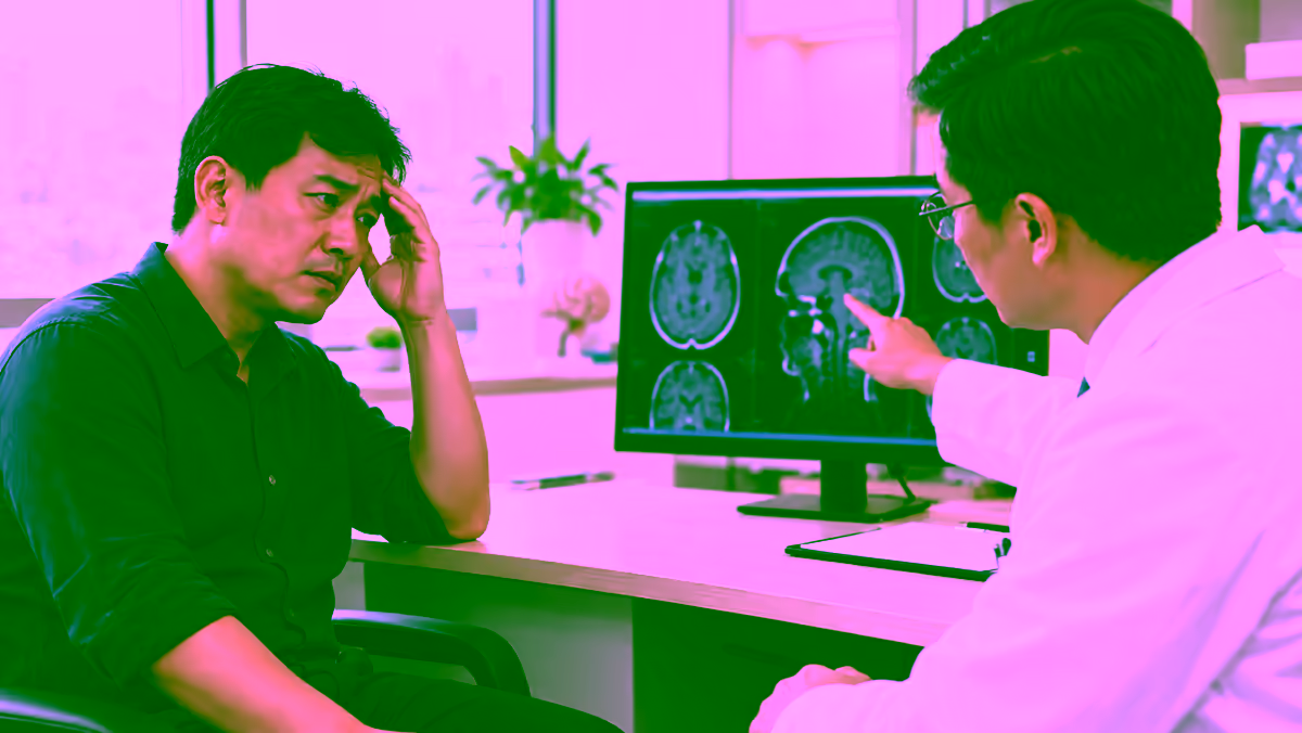Người bệnh đau đầu được bác sĩ giải thích kết quả chụp não