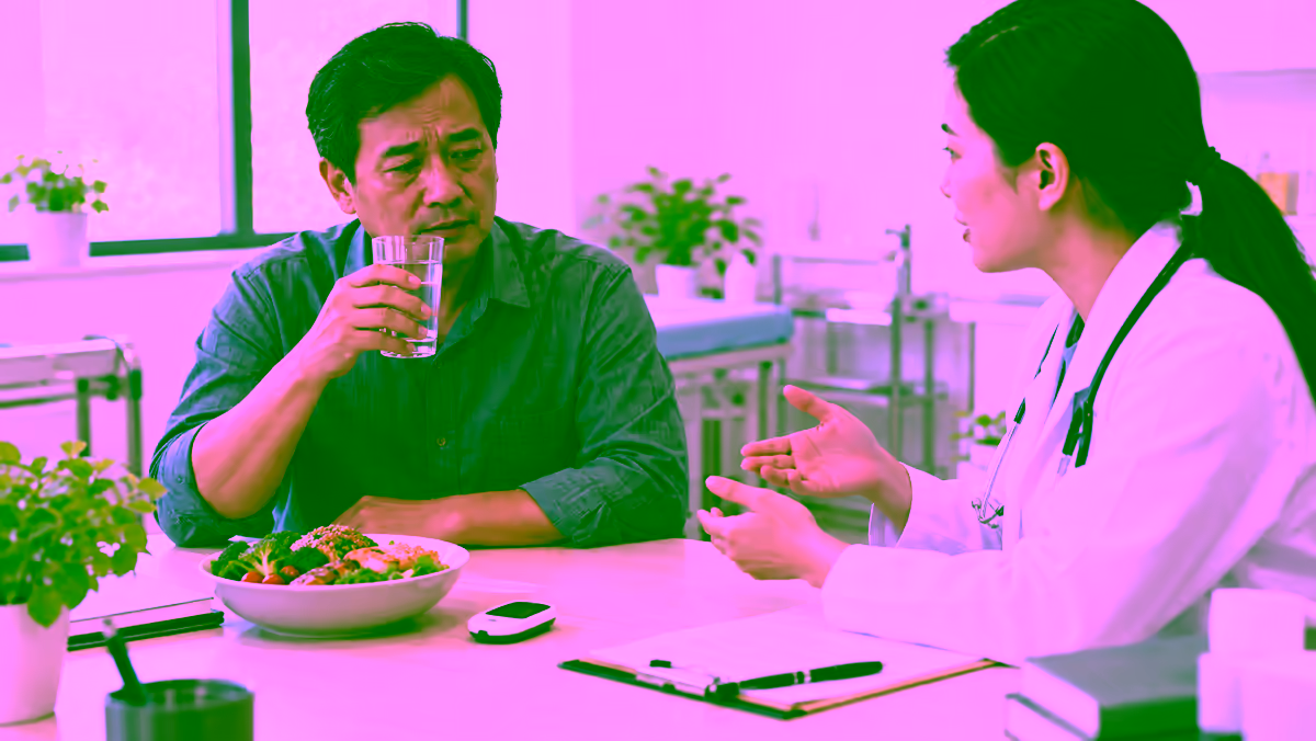Người bệnh tiểu đường được bác sĩ tư vấn uống nước và kiểm soát đường huyết