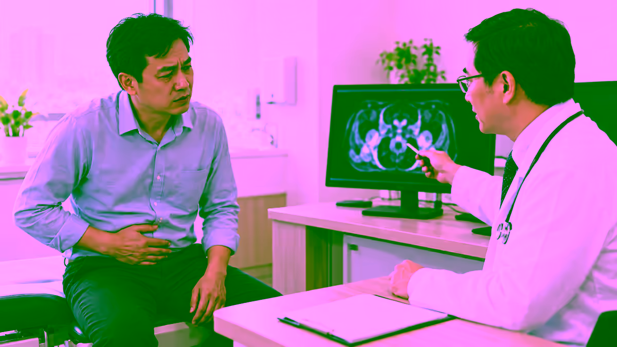 Người bệnh đau bụng dưới được bác sĩ tư vấn và xem kết quả chẩn đoán hình ảnh