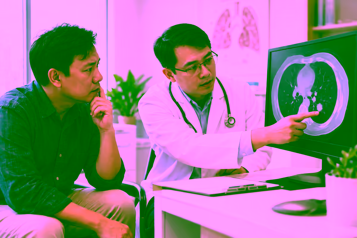 Bác sĩ giải thích phim chụp ngực cho người bệnh ung thư phổi giai đoạn sớm