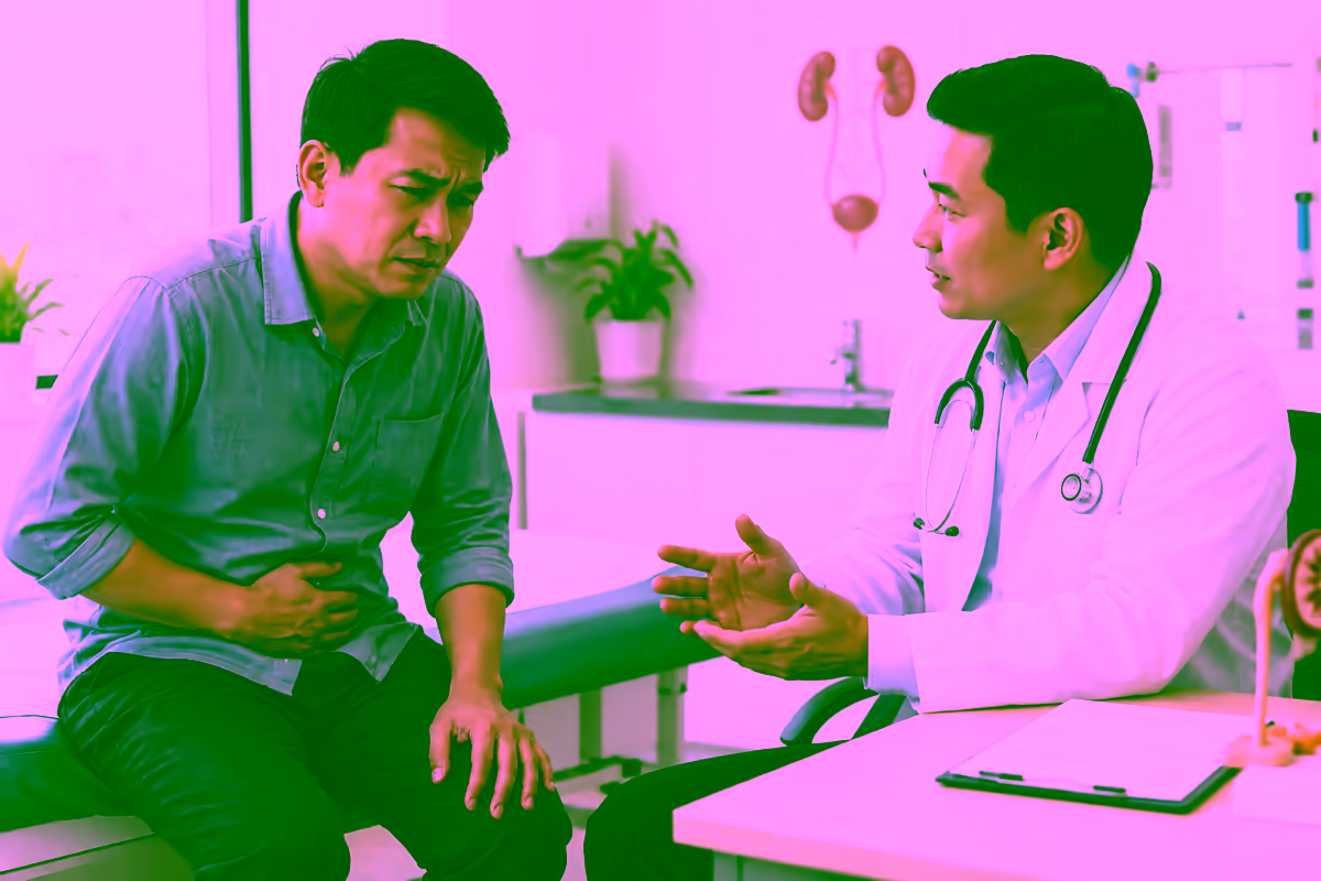 Người bệnh đau tức vùng bụng dưới trao đổi với bác sĩ tiết niệu