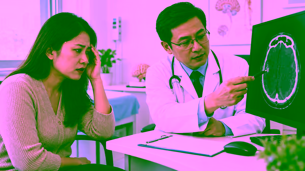Người bệnh đau đầu được bác sĩ thần kinh kiểm tra hình ảnh sọ não