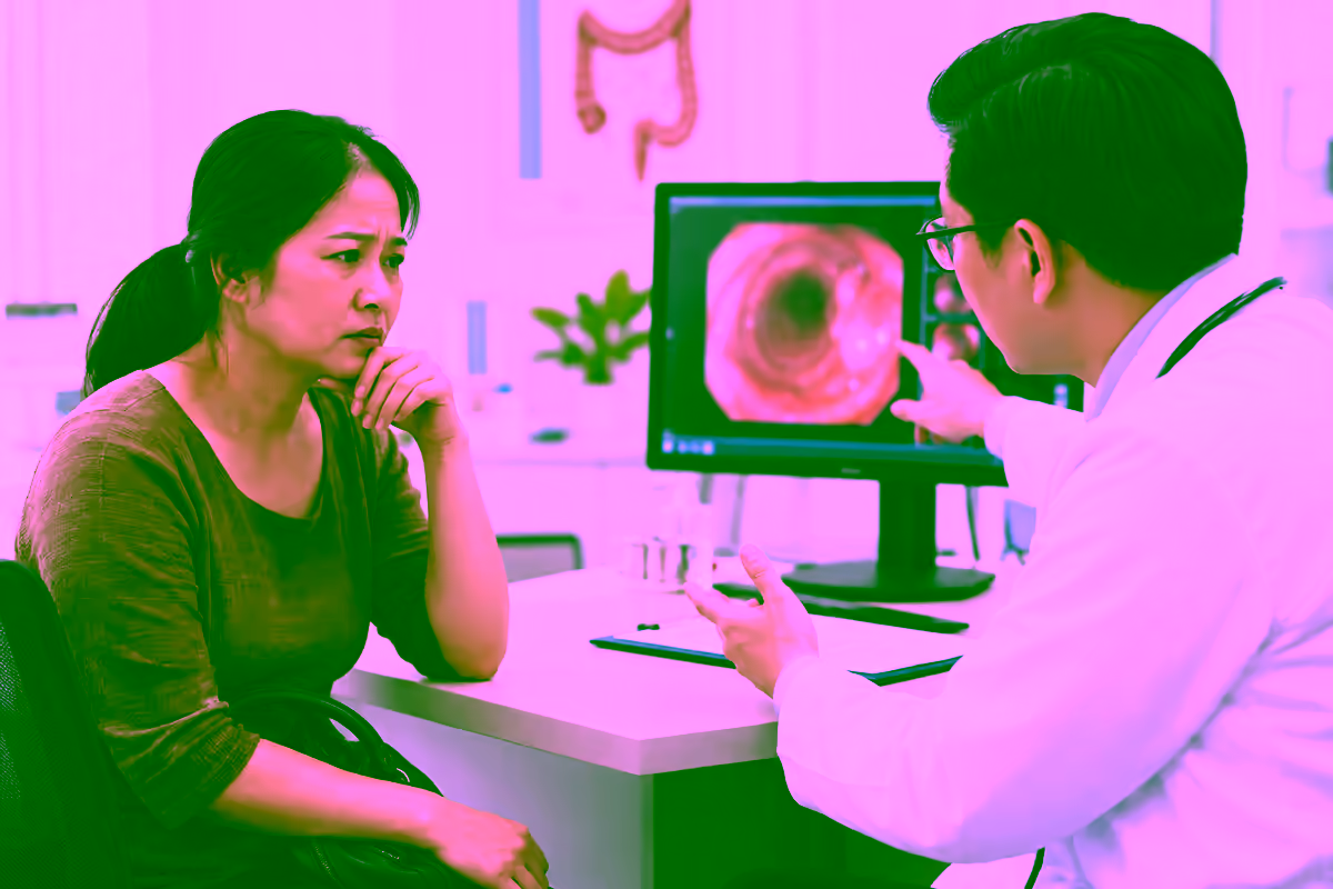 Người bệnh đau bụng được bác sĩ tiêu hóa giải thích kết quả chụp ổ bụng