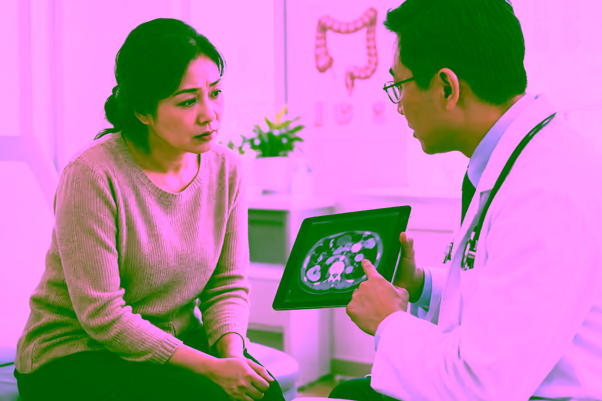 Bác sĩ giải thích phim chụp ổ bụng cho người bệnh ung thư ruột kết
