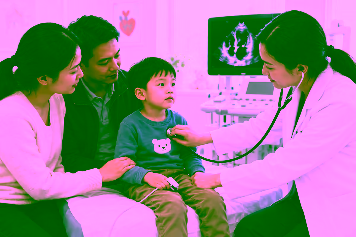 Bác sĩ khám tim cho trẻ cùng cha mẹ tại phòng khám nhi khoa