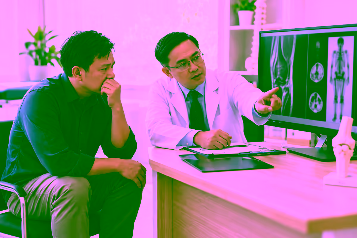 Bác sĩ ung bướu cơ xương khớp xem phim chụp xương cho người bệnh