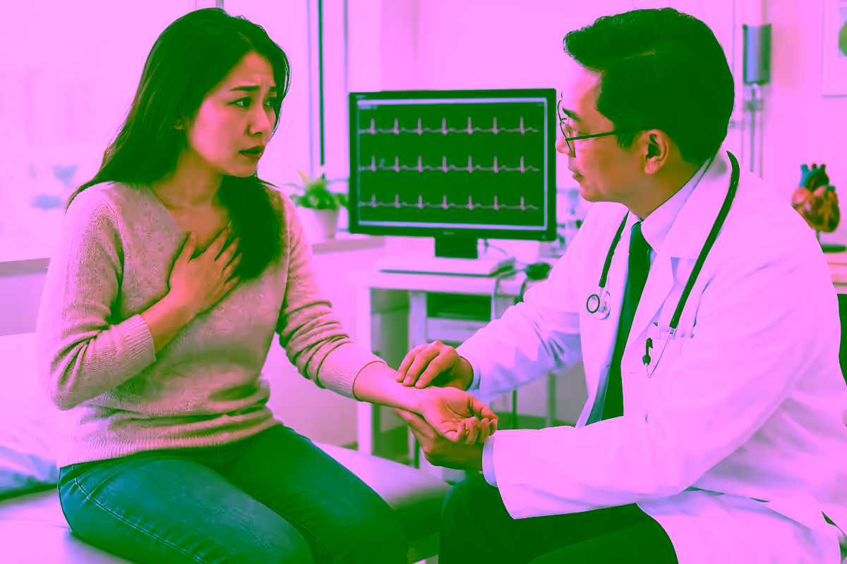 Người bệnh hồi hộp được bác sĩ kiểm tra mạch và điện tim