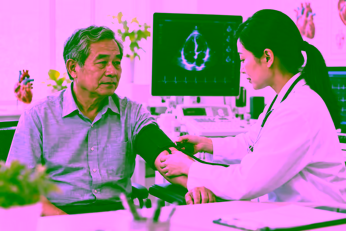 Bác sĩ đo huyết áp và theo dõi tim mạch cho người bệnh