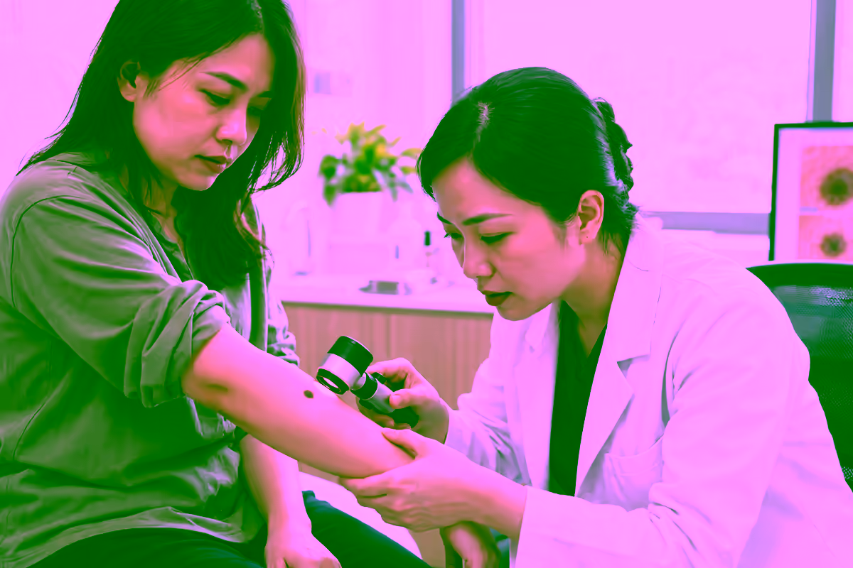 Bác sĩ da liễu kiểm tra nốt ruồi bất thường trên tay người bệnh