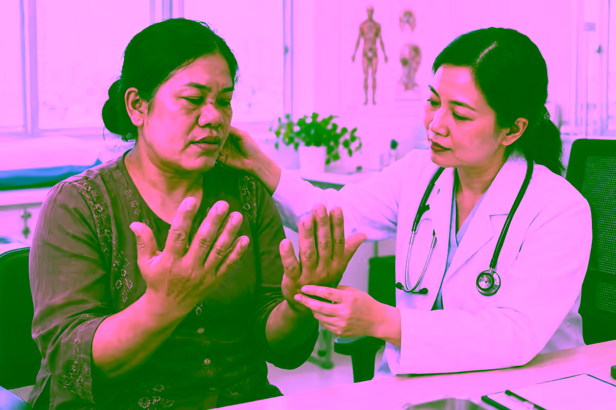 Bác sĩ nội tiết kiểm tra bàn tay to và ngón tay dày của người bệnh