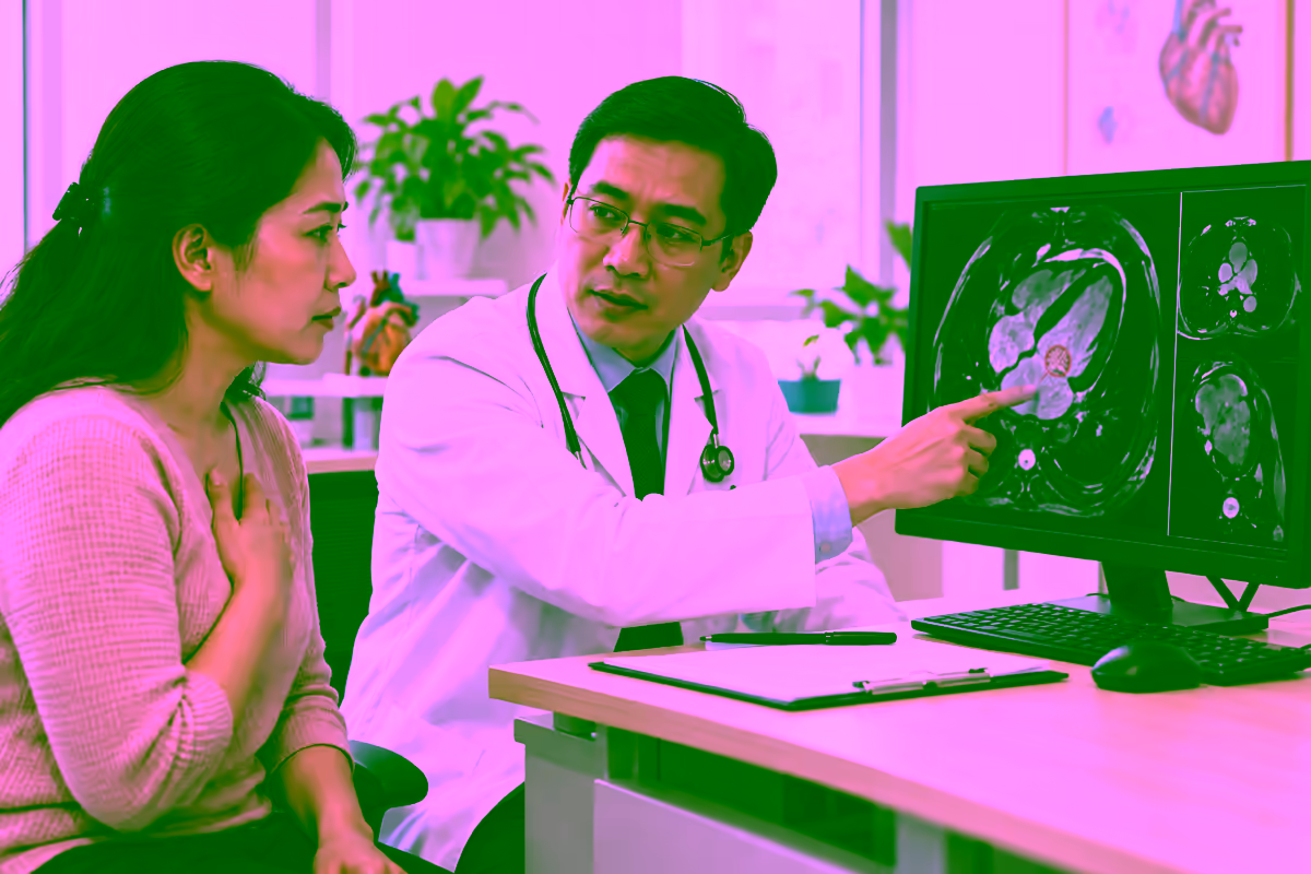 Bác sĩ tim mạch giải thích hình ảnh khối bất thường trong tim cho người bệnh