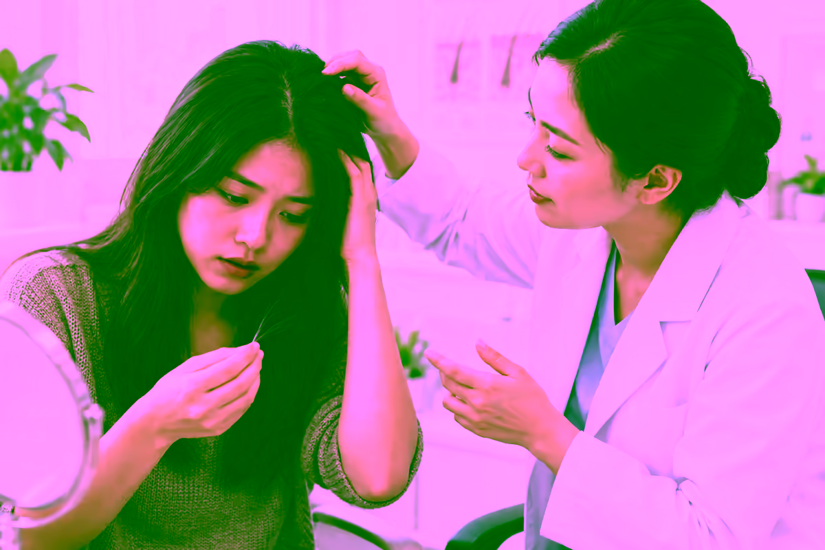 Bác sĩ da liễu kiểm tra tóc bạc sớm cho người bệnh trẻ