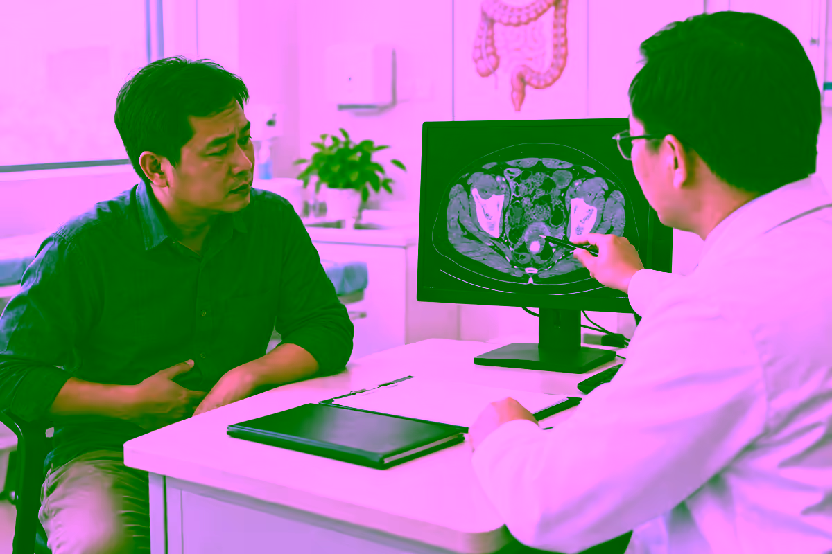 Bác sĩ tiêu hóa giải thích hình ảnh trực tràng cho người bệnh đau bụng