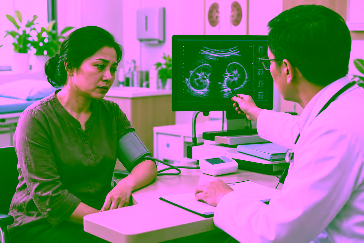 Bác sĩ thận học kiểm tra huyết áp và siêu âm thận cho người bệnh mệt mỏi