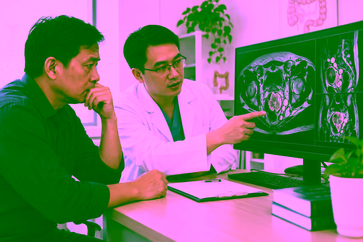 Bác sĩ ung bướu giải thích hình ảnh ung thư trực tràng lan rộng cho người bệnh