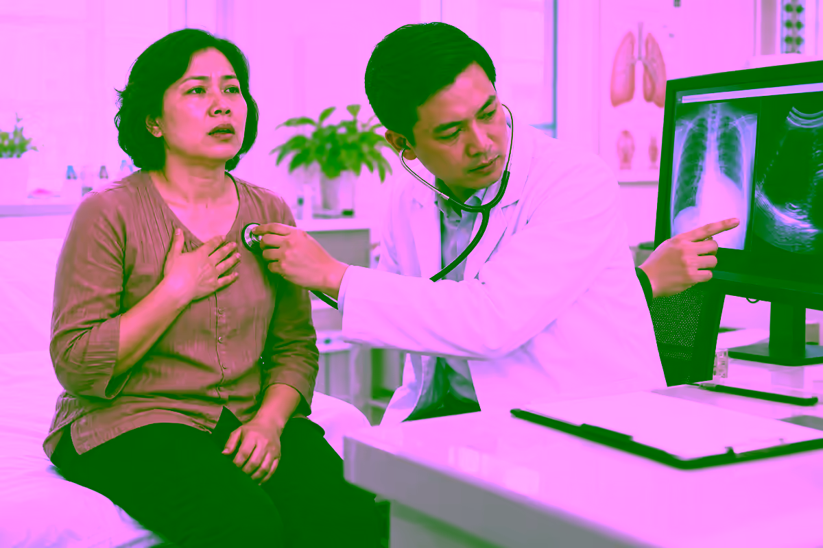 Bác sĩ hô hấp khám phổi và xem hình ảnh tràn dịch màng phổi