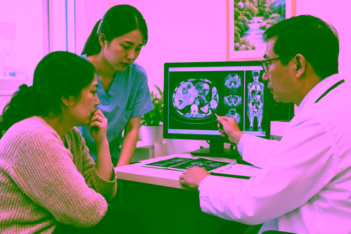 Bác sĩ ung bướu trao đổi kết quả chụp và kế hoạch điều trị cho người bệnh