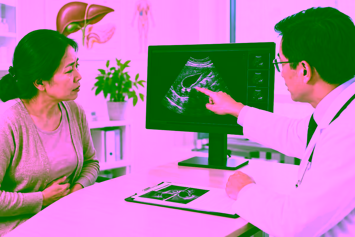 Bác sĩ gan mật giải thích hình ảnh túi mật cho người bệnh đau bụng