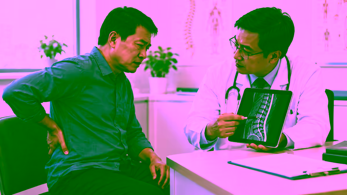 Bác sĩ ung bướu trao đổi với người bệnh đau lưng và xem hình ảnh cột sống