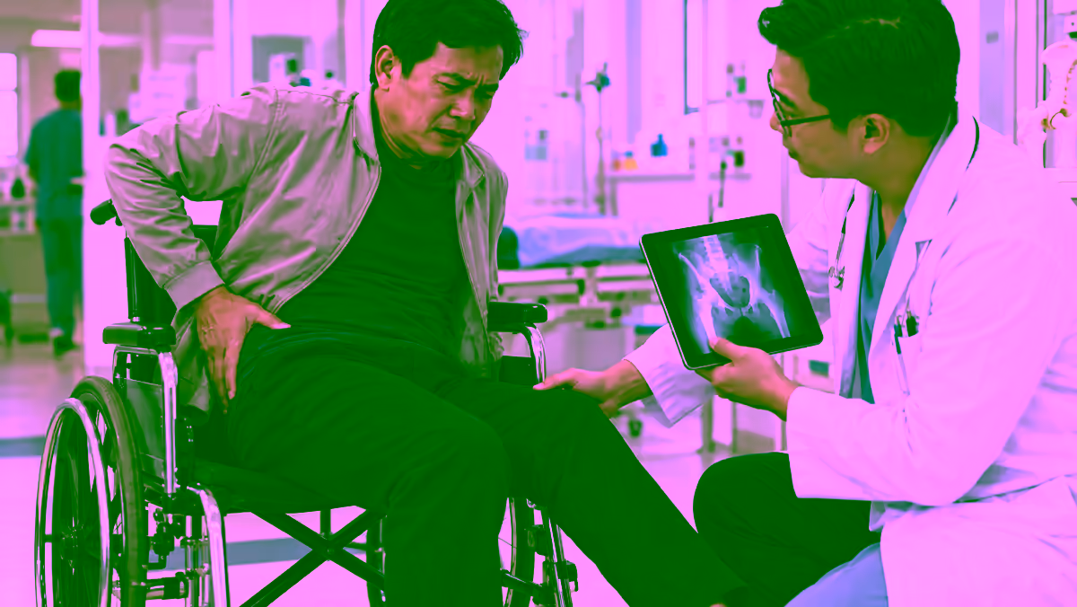 Người bệnh đau hông được bác sĩ kiểm tra và xem phim X-quang