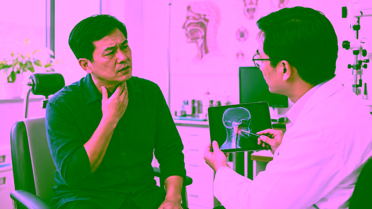Người bệnh chạm vùng cổ khi trao đổi với bác sĩ tai mũi họng