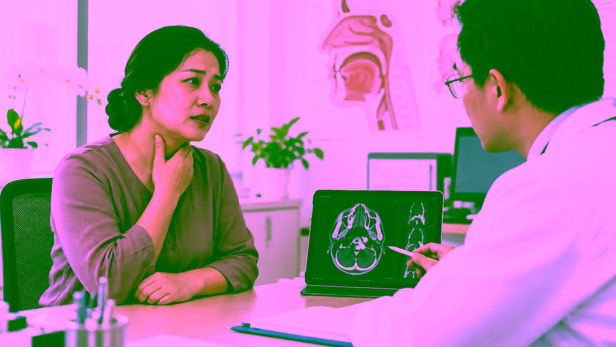 Người bệnh trao đổi với bác sĩ về triệu chứng vùng họng và kết quả chụp chiếu
