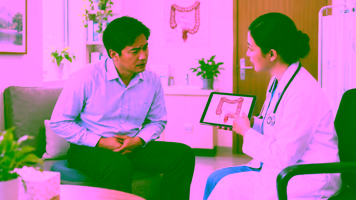 Người bệnh ngồi trên đệm và trao đổi kín đáo với bác sĩ về khó chịu vùng hậu môn