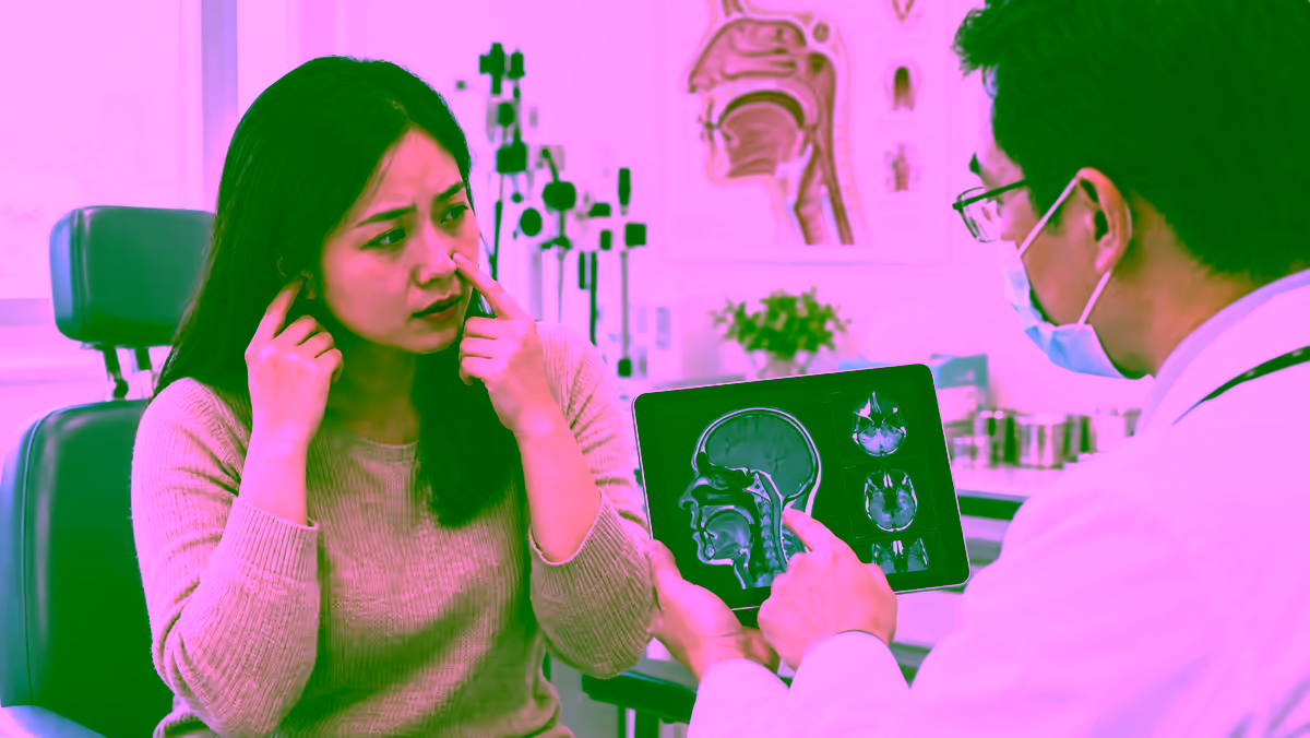 Người bệnh chỉ vùng mũi và tai khi trao đổi với bác sĩ tai mũi họng