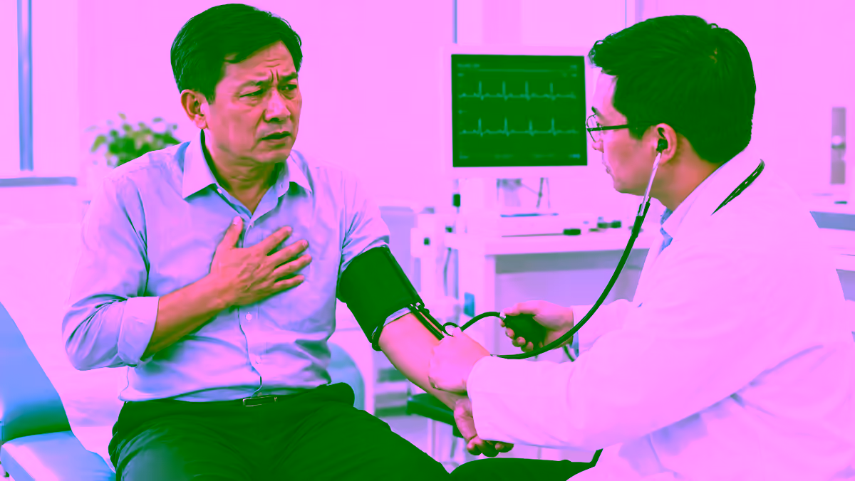 Người bệnh tức ngực được bác sĩ đo huyết áp và kiểm tra tim