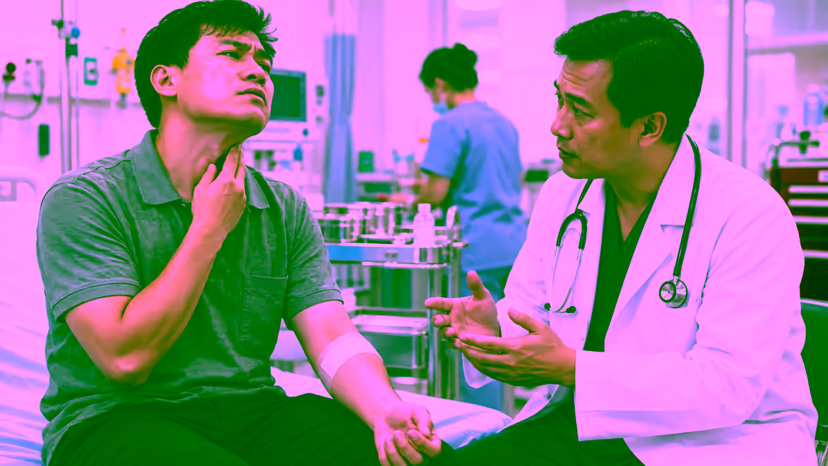 Người bệnh cứng hàm được bác sĩ kiểm tra sau vết thương đã băng