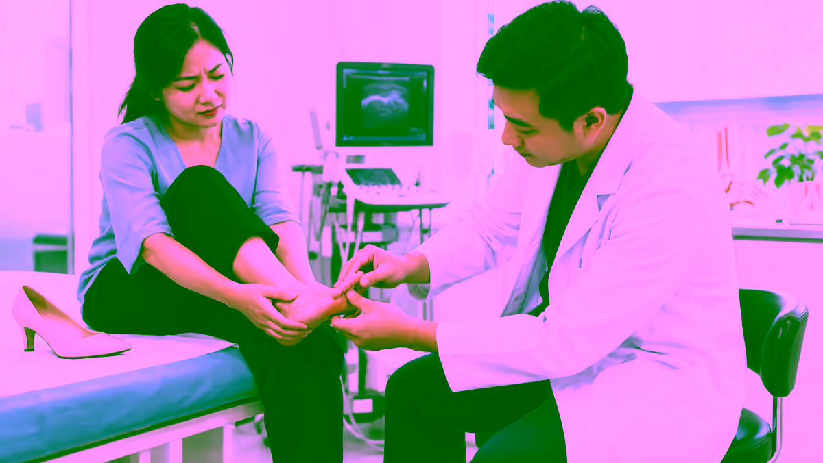 Người bệnh đau rát bàn chân được bác sĩ kiểm tra vùng ngón chân
