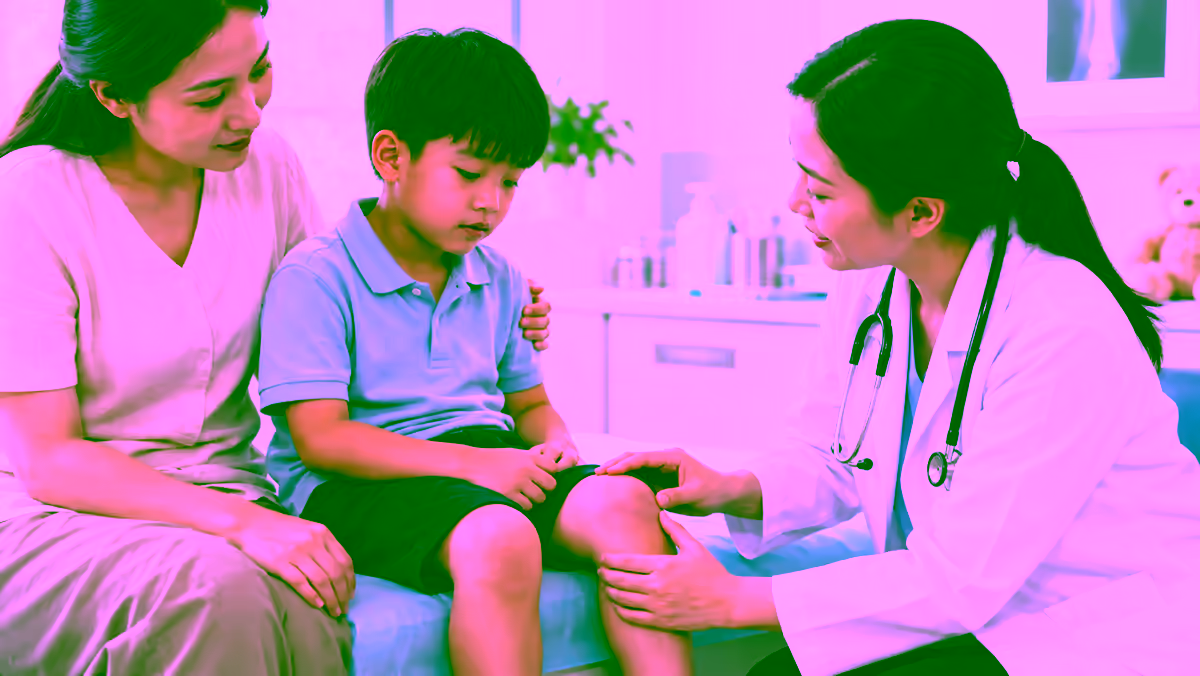 Trẻ đau và sưng gối được bác sĩ huyết học kiểm tra cùng mẹ
