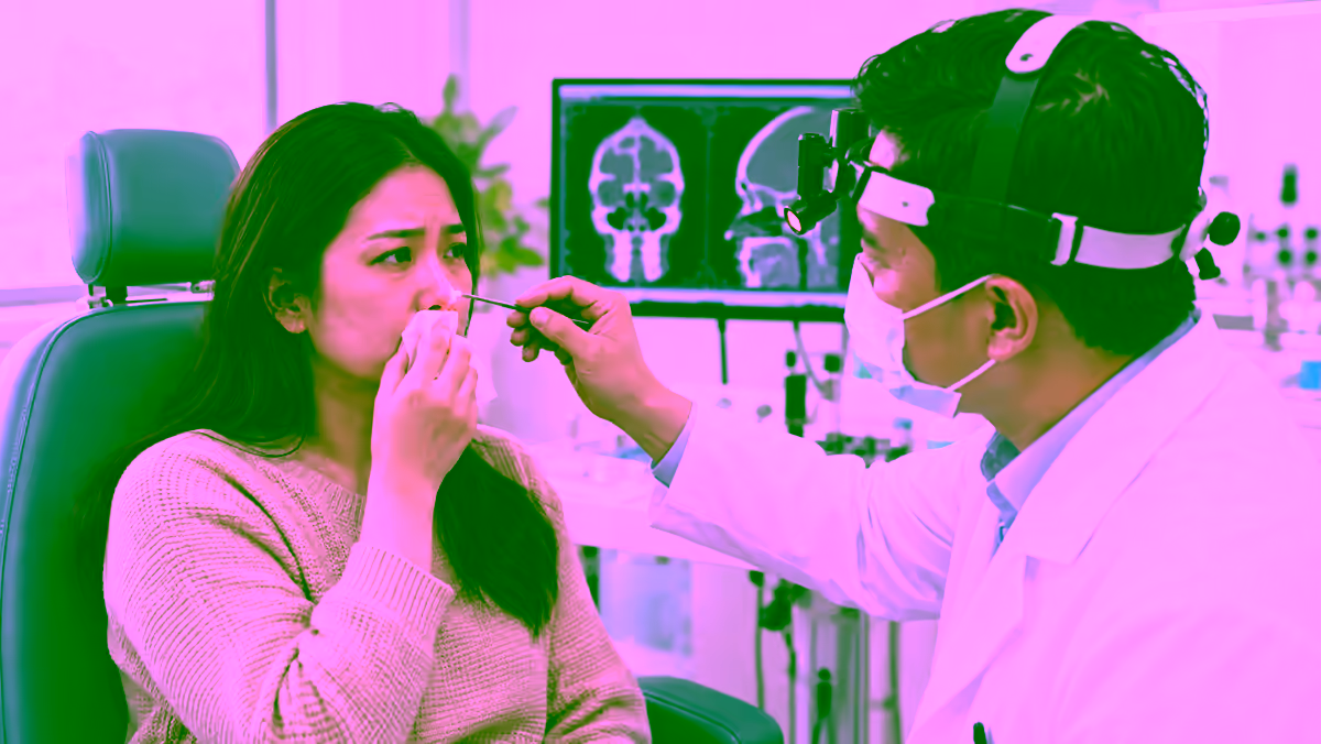 Bác sĩ tai mũi họng khám mũi cho người bệnh nghẹt mũi kéo dài