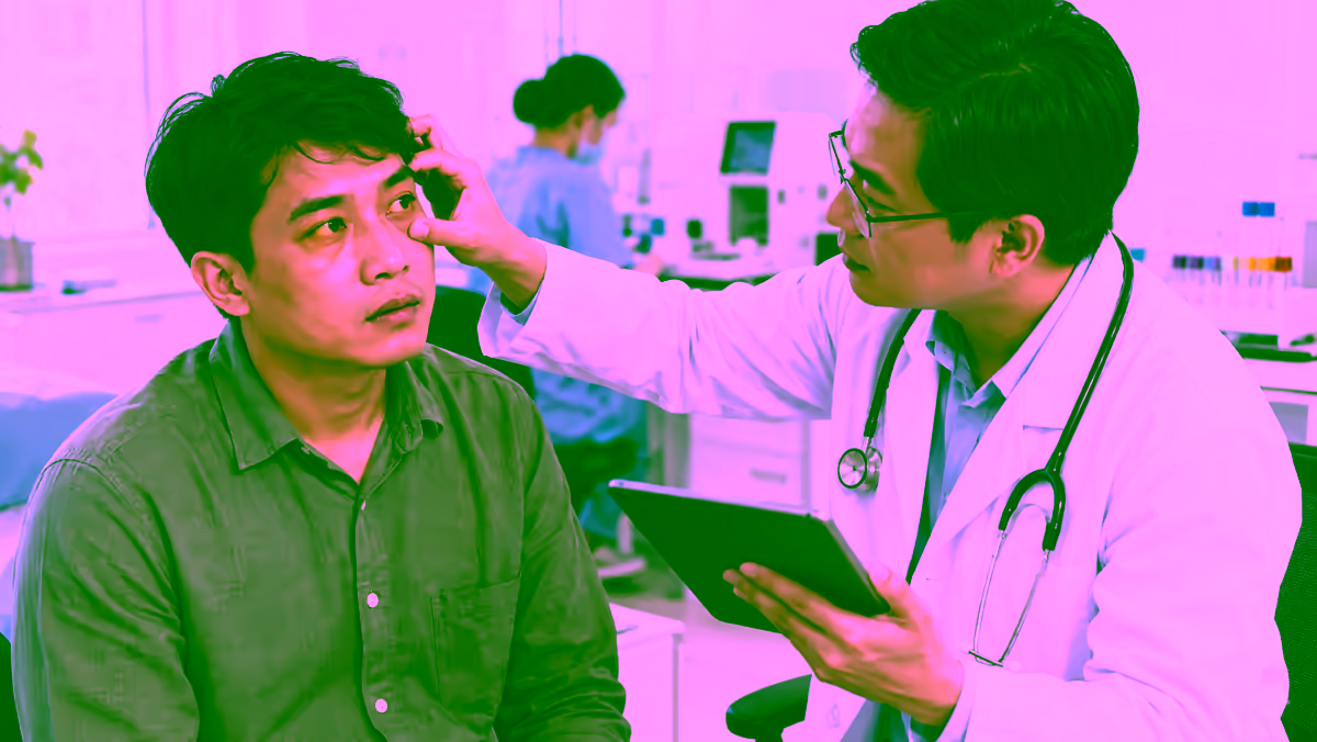 Người bệnh vàng mắt được bác sĩ kiểm tra và tư vấn xét nghiệm máu