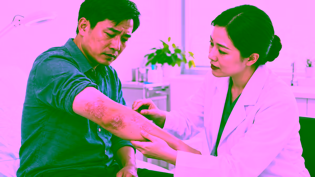 Người bệnh có mảng đỏ ngứa trên cánh tay được bác sĩ da liễu kiểm tra