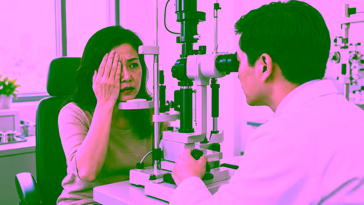 Người bệnh che một mắt được bác sĩ khám bằng đèn khe tại phòng khám mắt