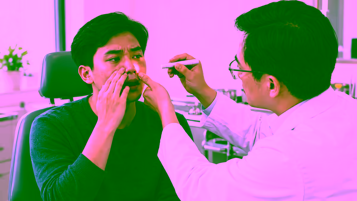 Người bệnh nghẹt mũi được bác sĩ tai mũi họng kiểm tra bằng đèn soi