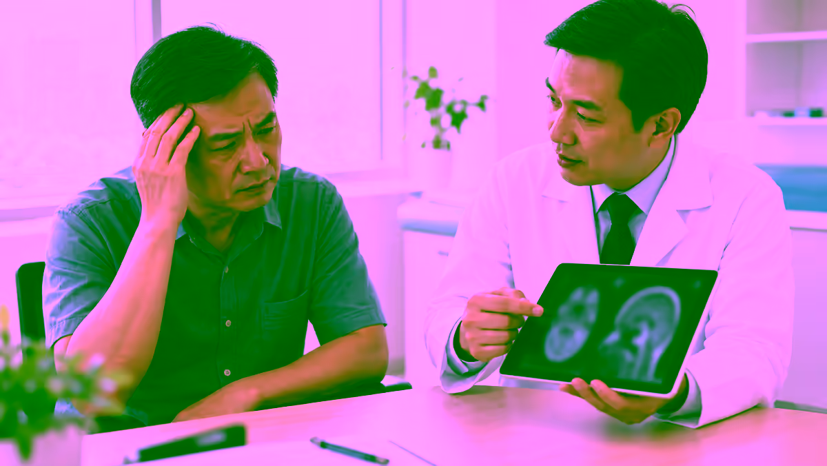 Người bệnh đau đầu được bác sĩ thần kinh giải thích kết quả chụp não