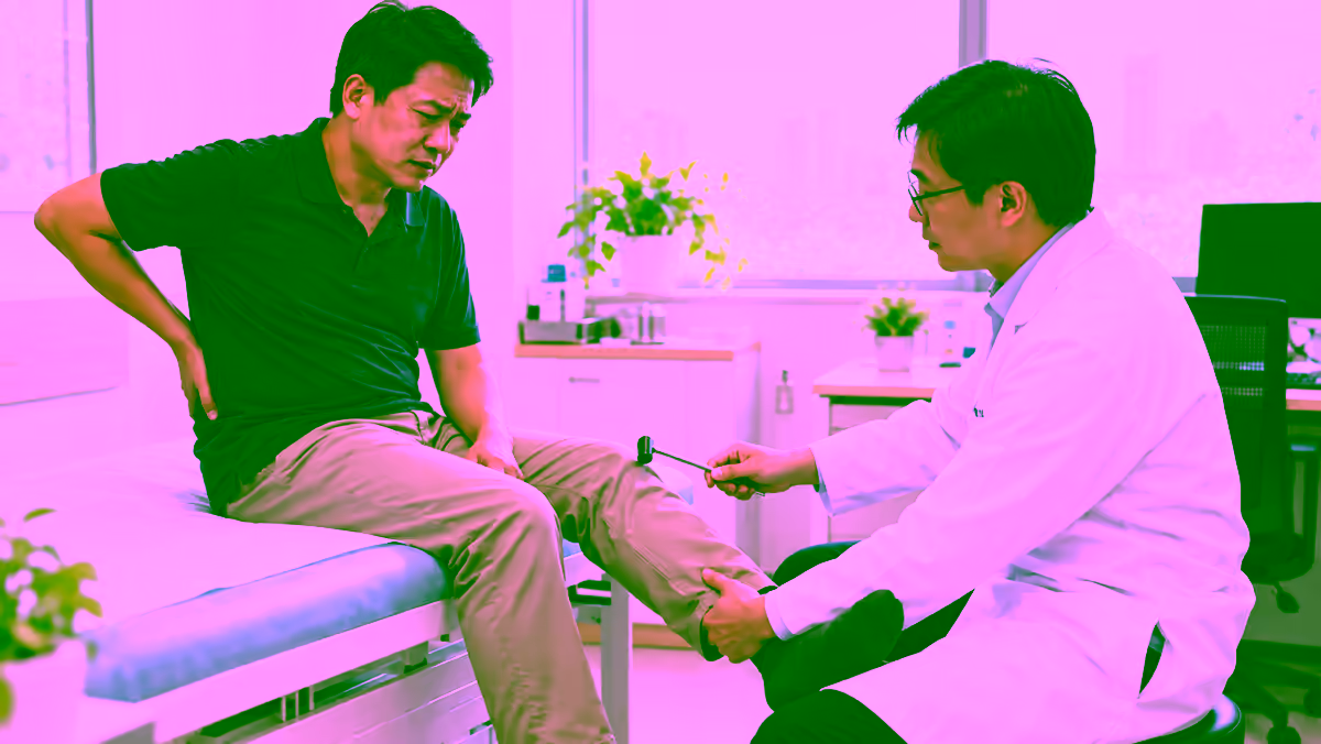 Người bệnh đau lưng được bác sĩ thần kinh kiểm tra sức cơ và phản xạ chân
