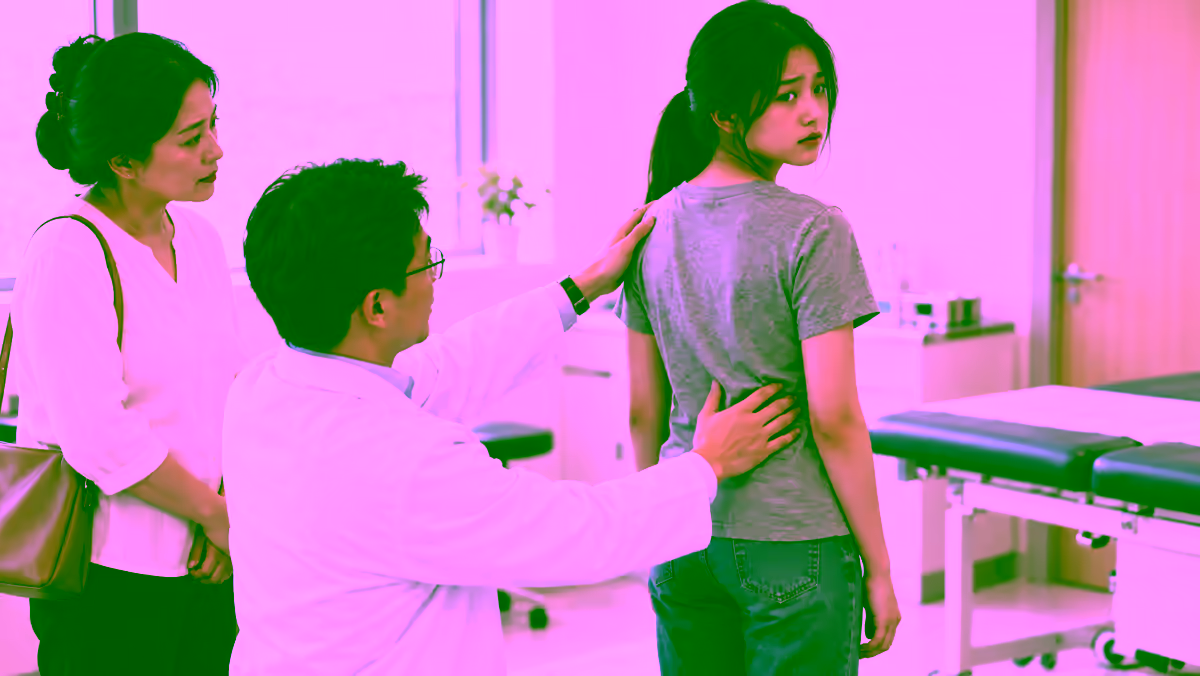 Bác sĩ kiểm tra tư thế và độ lệch vai của thiếu niên nghi vẹo cột sống cùng mẹ