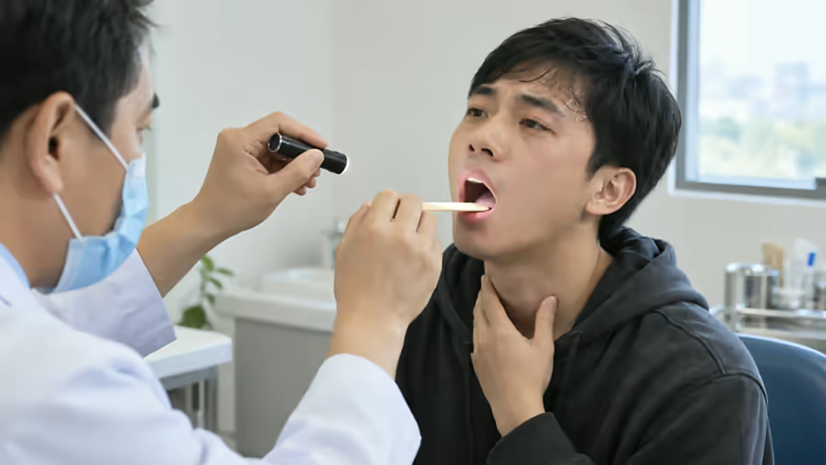 Người bệnh đau rát họng được bác sĩ tai mũi họng khám amidan