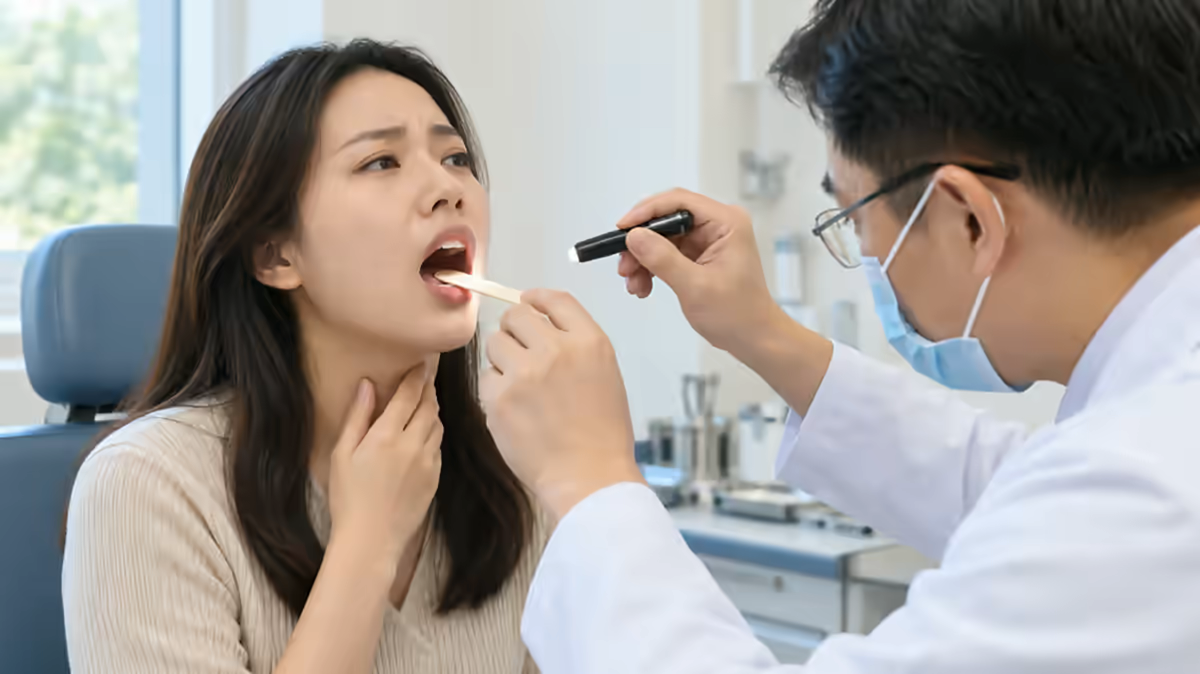 Người bệnh đau họng kéo dài được bác sĩ tai mũi họng kiểm tra amidan