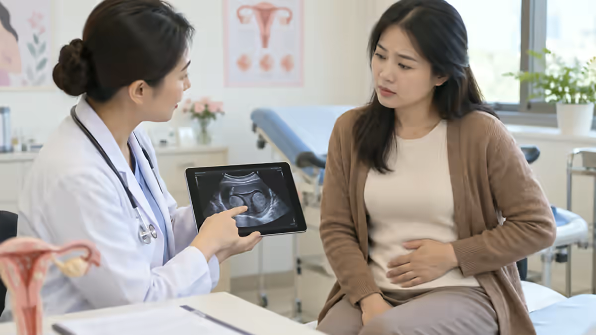 Người bệnh đau bụng dưới được bác sĩ phụ khoa tư vấn và kiểm tra