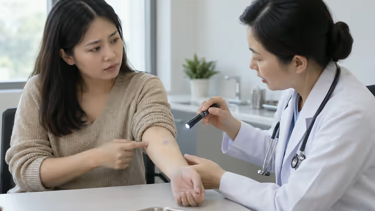 Người bệnh có khối nhỏ dưới da được bác sĩ da liễu kiểm tra