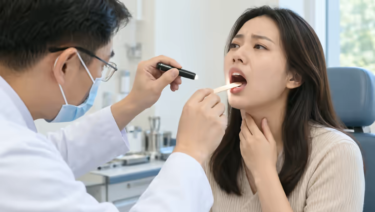 Người bệnh khàn tiếng được bác sĩ tai mũi họng kiểm tra họng